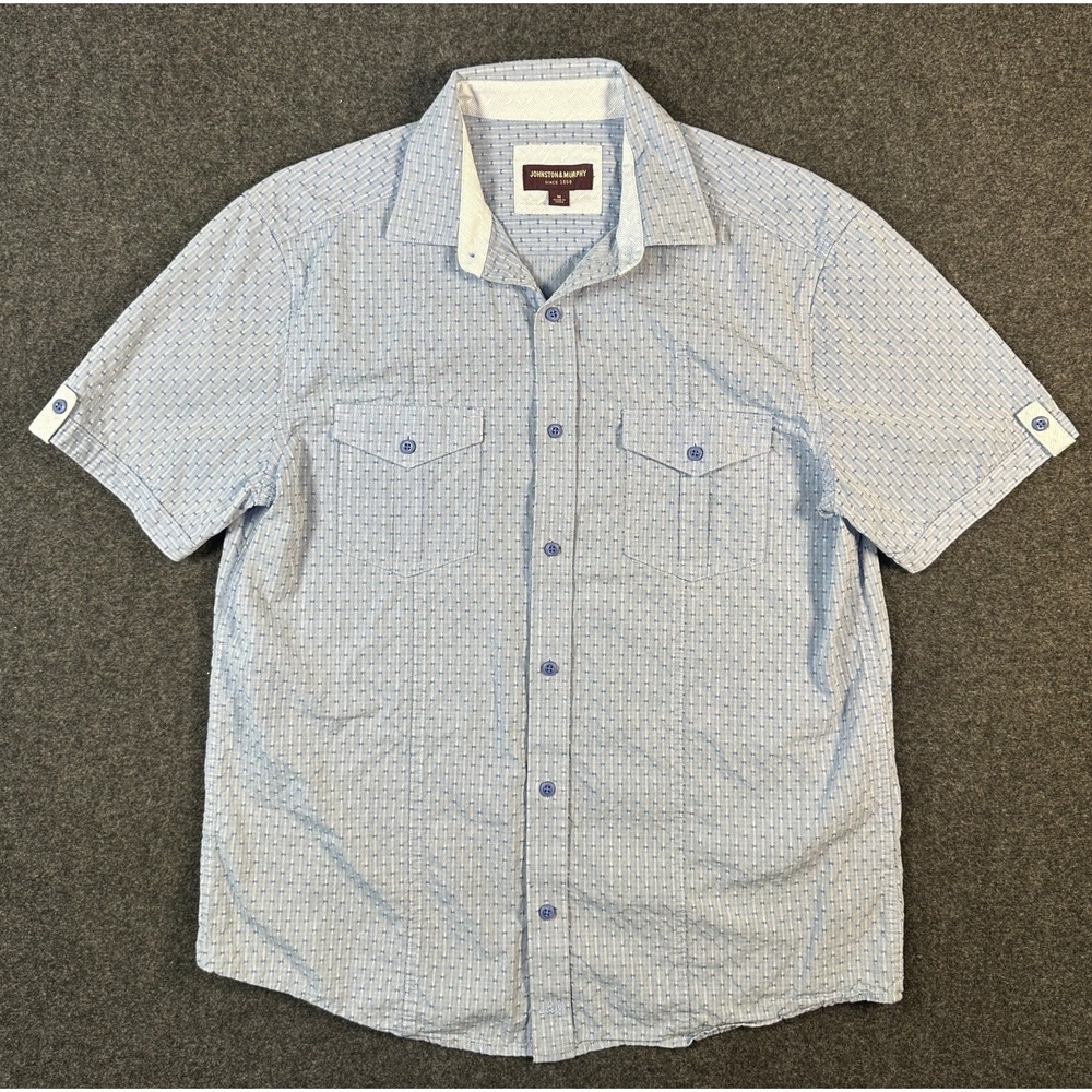 Johnston & Murphy Mens M Blue White Geometric Print Short Sleeve Button‎ Down